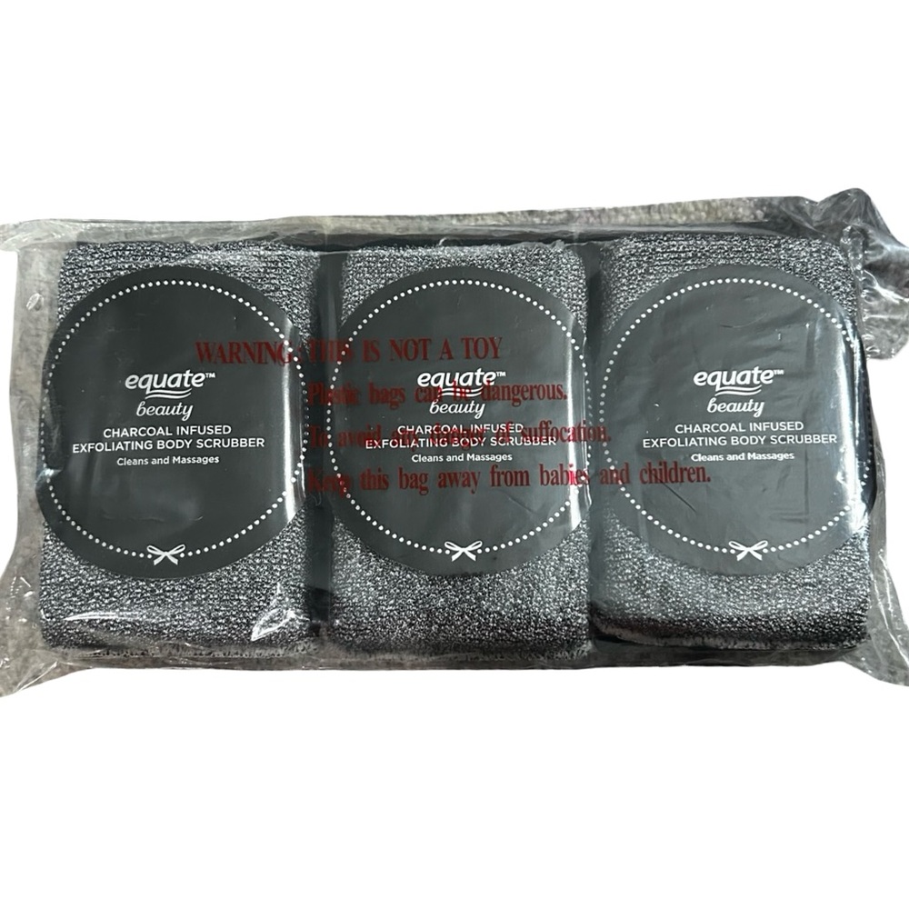 3-pack of Equate Beauty Charcoal Infused Exfoliating Body Scrubbers